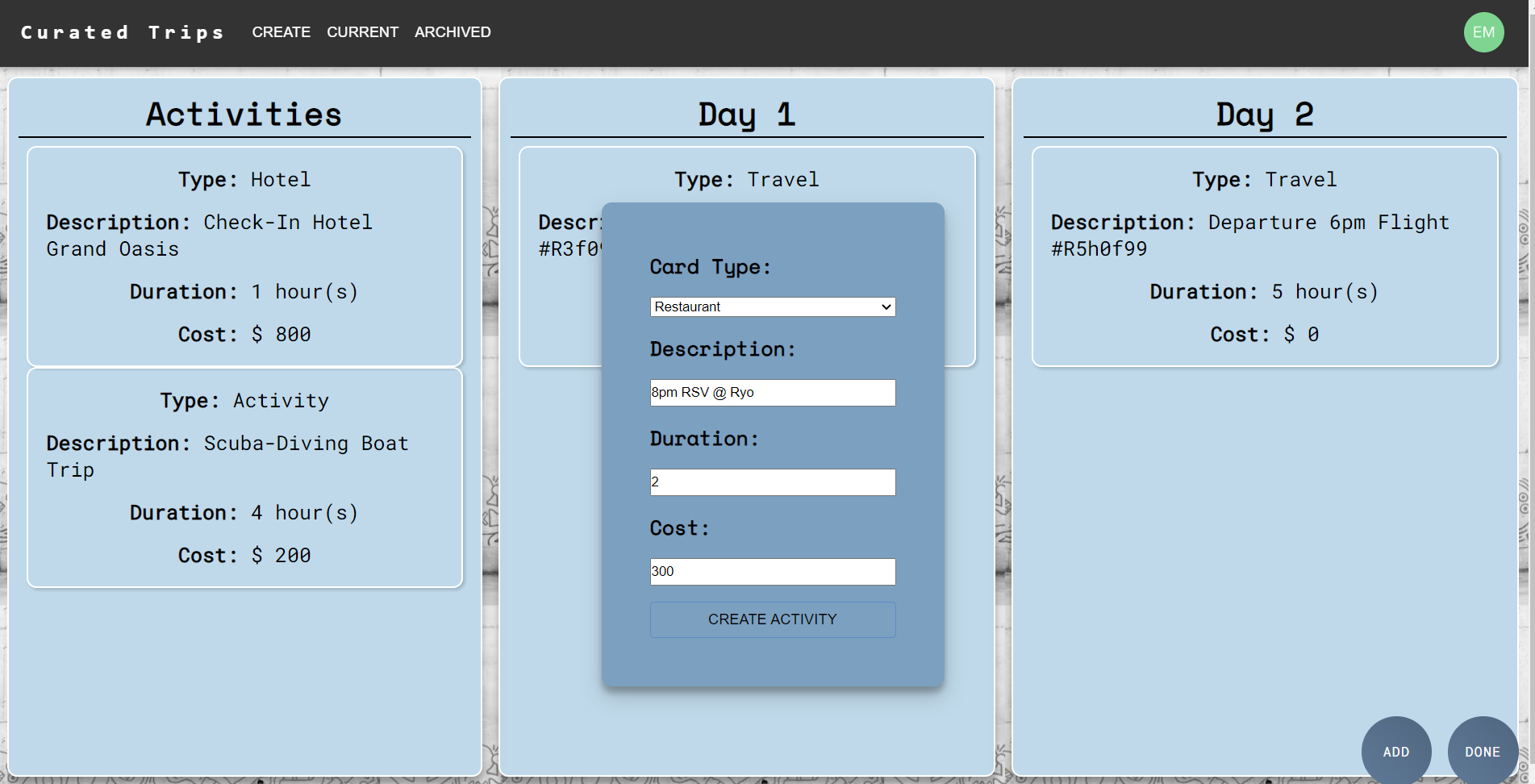  Curated Trips app drag and drop